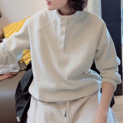 白色无帽卫衣女款秋冬2025新款爆款时尚洋气加绒加厚立领女士上衣