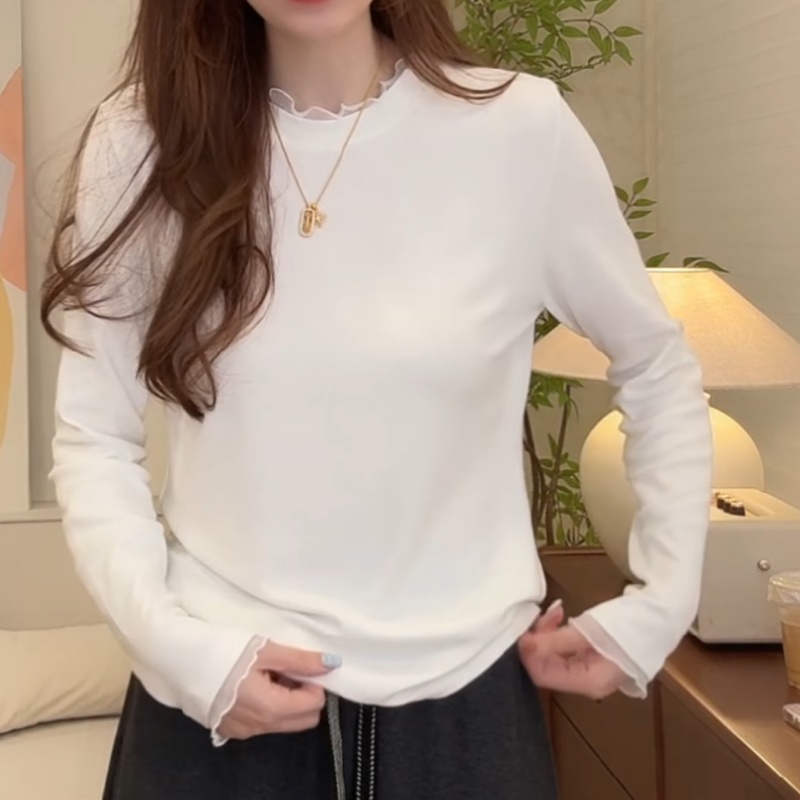 蕾丝花边圆领正肩长袖T恤女秋季韩系小众修身显瘦打底衫内搭上衣