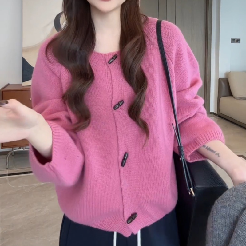 韩系宽松减龄温柔风针织开衫女装2025秋冬新款插肩袖纯色毛衣外套