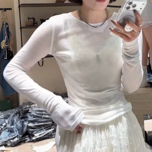 春季白色打底衫女薄款夏季防晒罩衫chic卷边松弛感长袖T恤上衣