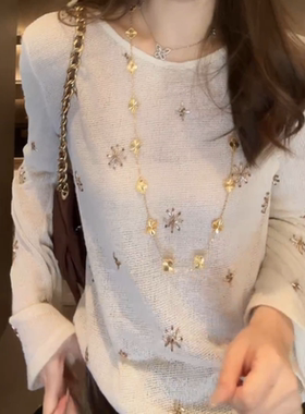 2025秋季新款轻熟优雅风白色长袖针织衫圆领气质显瘦百搭气质上衣