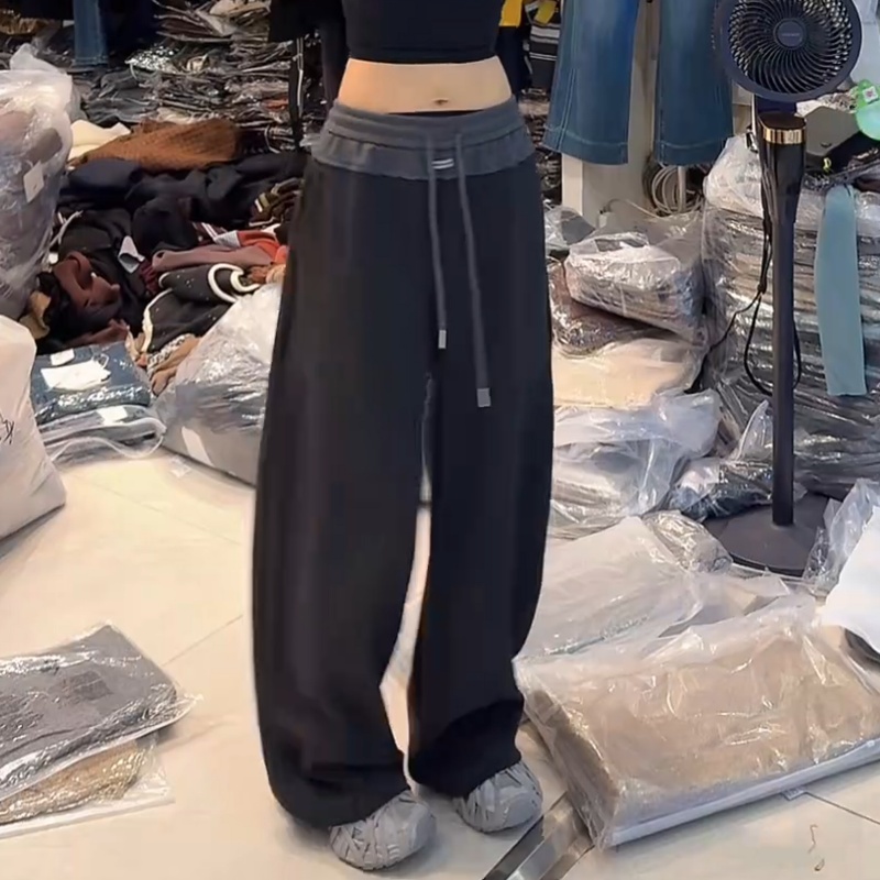 韩系设计感腰头拼色休闲抽绳卫裤女2025秋季新款显瘦束脚百搭长裤