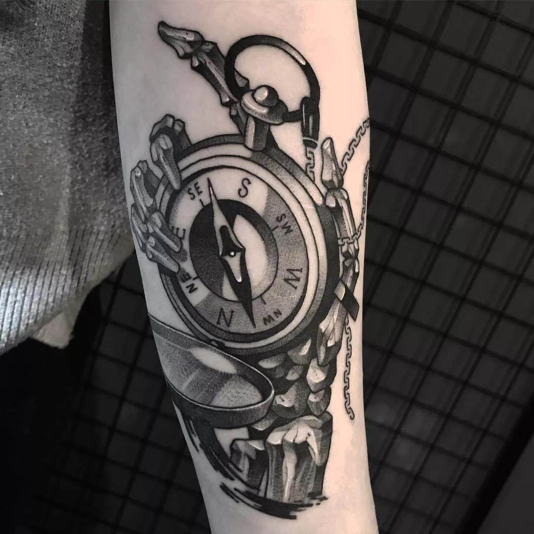 骷髅怀表朋克纹身贴防水持久男女 仿真花臂欧美ins恐怖暗黑刺青