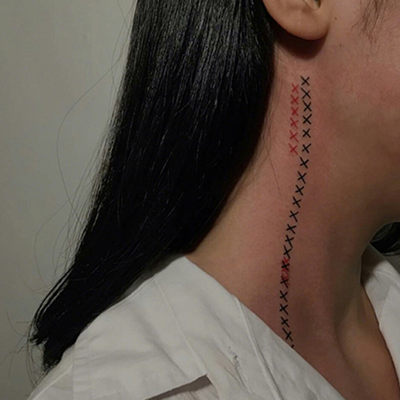 网红ins拉链缝口脖子纹身贴防水男女持久欧美黑白个性潮颈部嘻哈