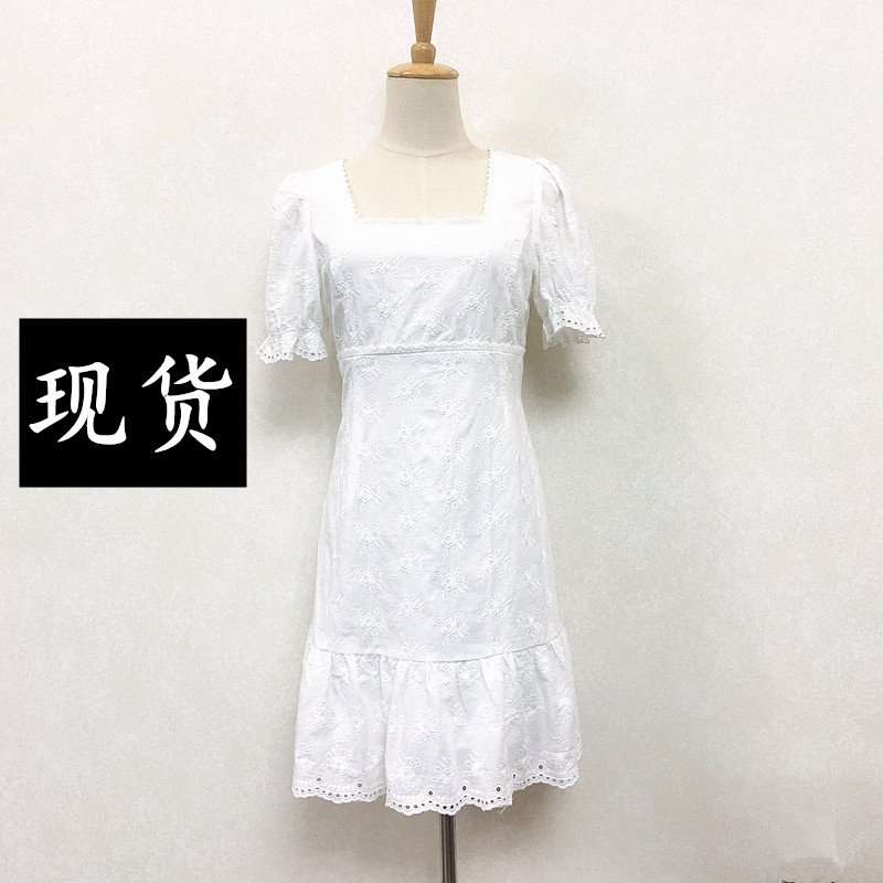 法式白玫瑰定位刺绣纯棉连衣裙女夏白色高腰鱼尾裙 长短款