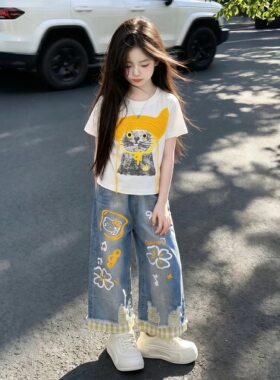 大童女装夏套装2026新款初中生女孩甜酷韩系短袖牛仔七分裤两件套