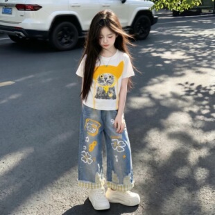 大童女装夏套装2026新款初中生女孩甜酷韩系短袖牛仔七分裤两件套