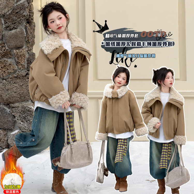 女童棉衣冬季加绒加厚棉服韩系休闲时尚羊羔毛大翻领派克服外套潮