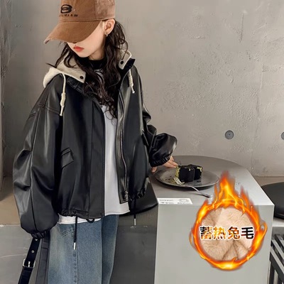 女童冬装连帽加绒加厚皮衣外套2025新款洋气中大童时尚皮夹克上衣