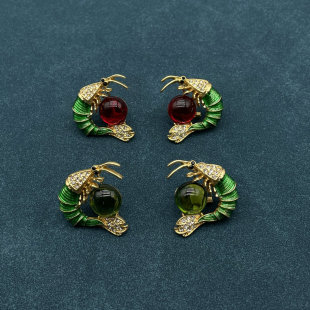 欧美外贸饰品 耳坠 vintage中古风气质龙虾滴油镶嵌琉璃S925银针