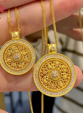 沙金点钻八宝罗盘吊坠项链金店同款镂空可转动圆牌挂坠复古女送礼