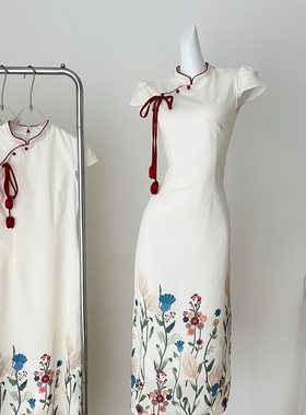 Thecoco 新中式印花棉麻旗袍女夏季气质修身显瘦 送郁金香红头绳