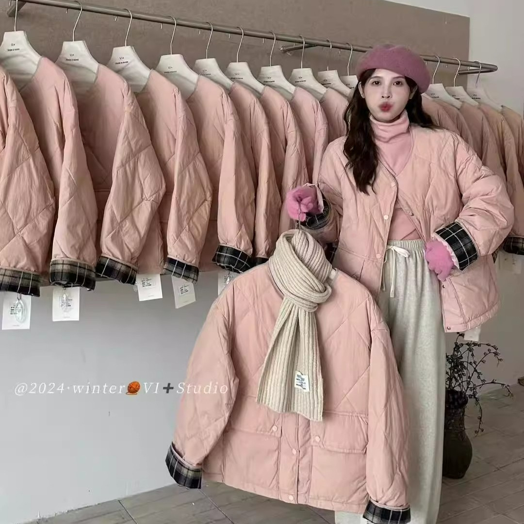 网图网红同款菱形格缝线纯色拼接运动羽绒服