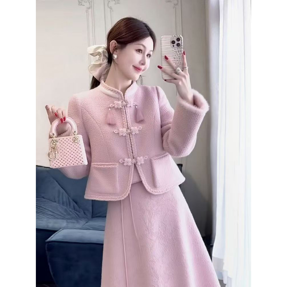 气质盘扣中式国风粉色香风短外套半身裙套装两件套,女装/女士精品,时尚套装,淘宝优惠券,粉丝福利购,淘宝优惠卷