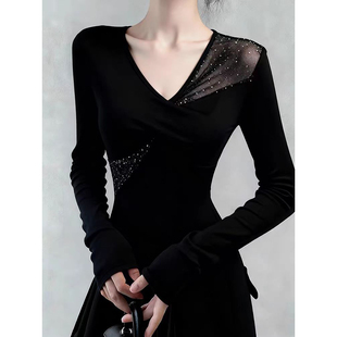 女设计感拼接t恤上衣 磨毛加绒打底衫 已出货 秋冬辣妹烫钻修身