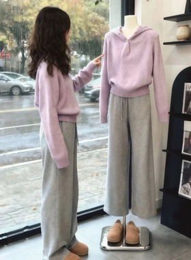 巨好看的冬装一整套2025新款独特漂亮小香风紫色针织衫休闲裤套装