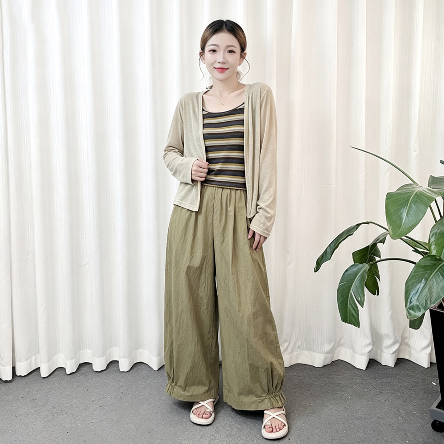 松弛感薄开衫吊带九分裤套装女士时尚套装