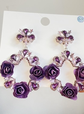 中古vintage宫廷风复古做旧高级感紫色玫瑰花耳钉C39（现货）