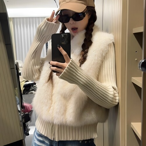 一衣多穿仿皮草棉衣可拆卸针织袖棉服女慵懒风毛毛马甲外套2026款