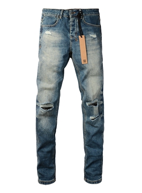 KSUBI JEANS 美式潮牌新款深蓝水洗磨白膝盖刀割破洞紧身牛仔裤男