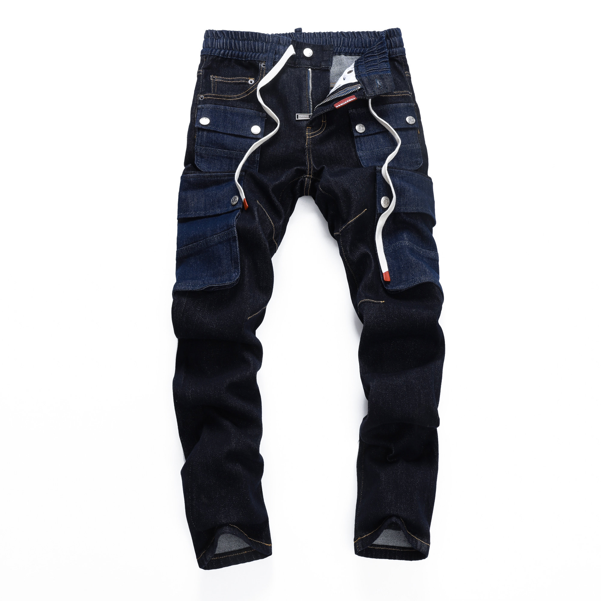 深蓝抽绳工装大口袋小直筒牛仔裤