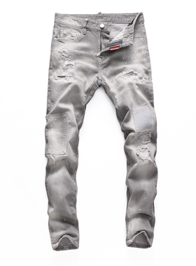 欧洲站秋季新款D2烟灰色破洞补丁牛仔裤男弹力修身显瘦小脚长裤子