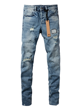 KSUBI JEANS 美式潮牌新款蓝色刮烂破洞做旧水洗弹力修身牛仔裤男