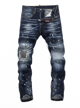 D2 JEANS欧洲站轻奢潮牌深蓝色磨白水洗泼墨涂鸦烫钻补丁牛仔裤男