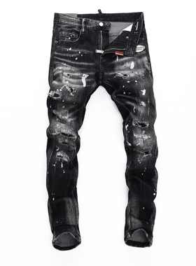 D2 JEANS欧洲站潮牌新款黑色磨白水洗泼墨破坏补丁个性修身牛仔裤