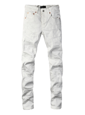 PURPLE JEANS美式潮牌新款白色刀割破坏补丁修身显瘦小脚牛仔裤男