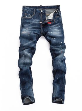 D2 JEANS欧洲站轻奢潮牌新款蓝色水洗枫叶刺绣修身漆点泼墨牛仔裤