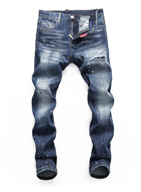 D2 JEANS欧洲站轻奢潮牌新款深蓝色磨白水洗漆点涂鸦泼墨牛仔裤男