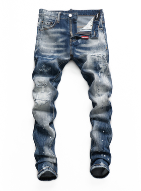 D2 JEANS欧洲站轻奢潮牌新款复古蓝色做旧水洗刀割破坏泼墨牛仔裤