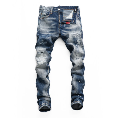D2JEANS复古蓝做旧泼墨牛仔裤男