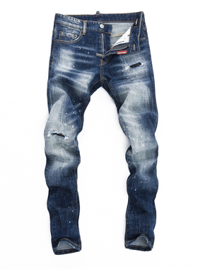 D2 JEANS 欧洲站轻奢潮牌新款 深蓝色磨白水洗漆点泼墨修身牛仔裤