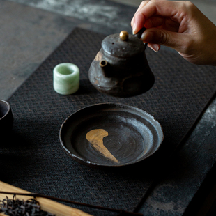 三点水柴烧彩金壶承托盘粗陶茶承复古干泡台创意茶具配件茶壶垫子
