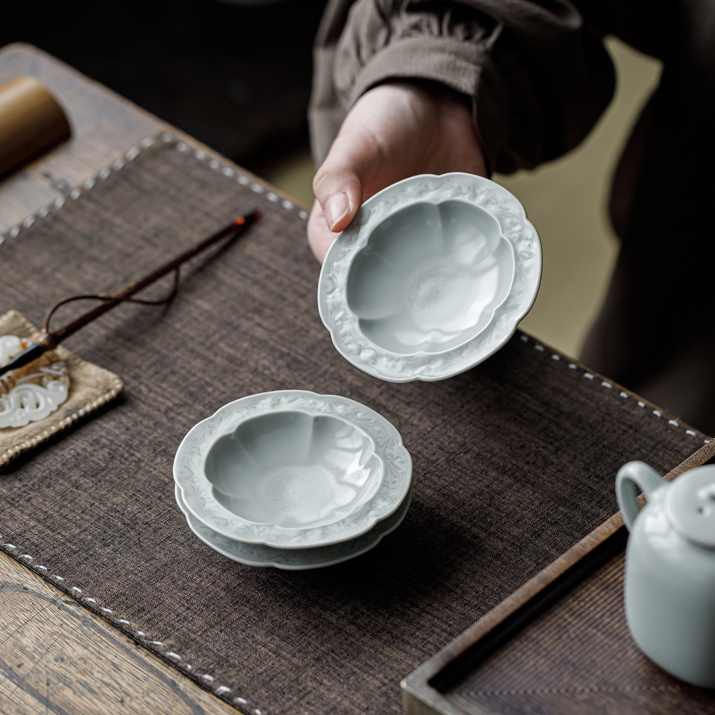 三点水天青汝窑杯垫茶杯托汝瓷