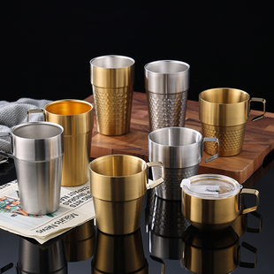 韩式304不锈钢双层防烫摔啤酒杯金色锤纹带把咖啡杯喝水杯酒吧杯