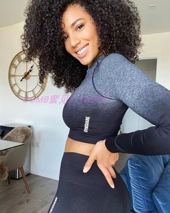 BomB蜜见Fitness GYM鲨鱼轻薄透气健身瑜伽显胸长袖漏腰鲨鱼上衣