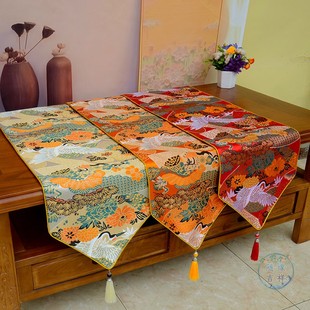 藏式红黄色仙鹤桌旗新中式复古宋代美学桌布茶几电视柜佛堂桌旗