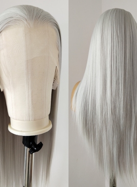 古装银灰色假发全头套长直发化纤13*4手钩蕾丝假发COS三尖古风男