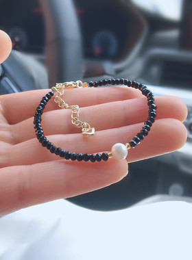 天然黑尖晶手链搭配女黑色单圈