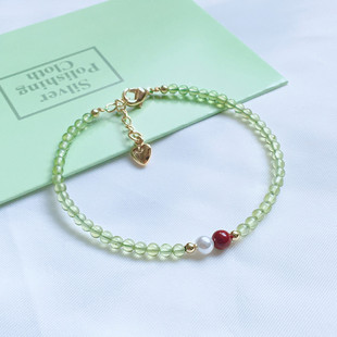 原创天然橄榄石手链极细草莓晶石榴石手串招桃花运14K金小众设计