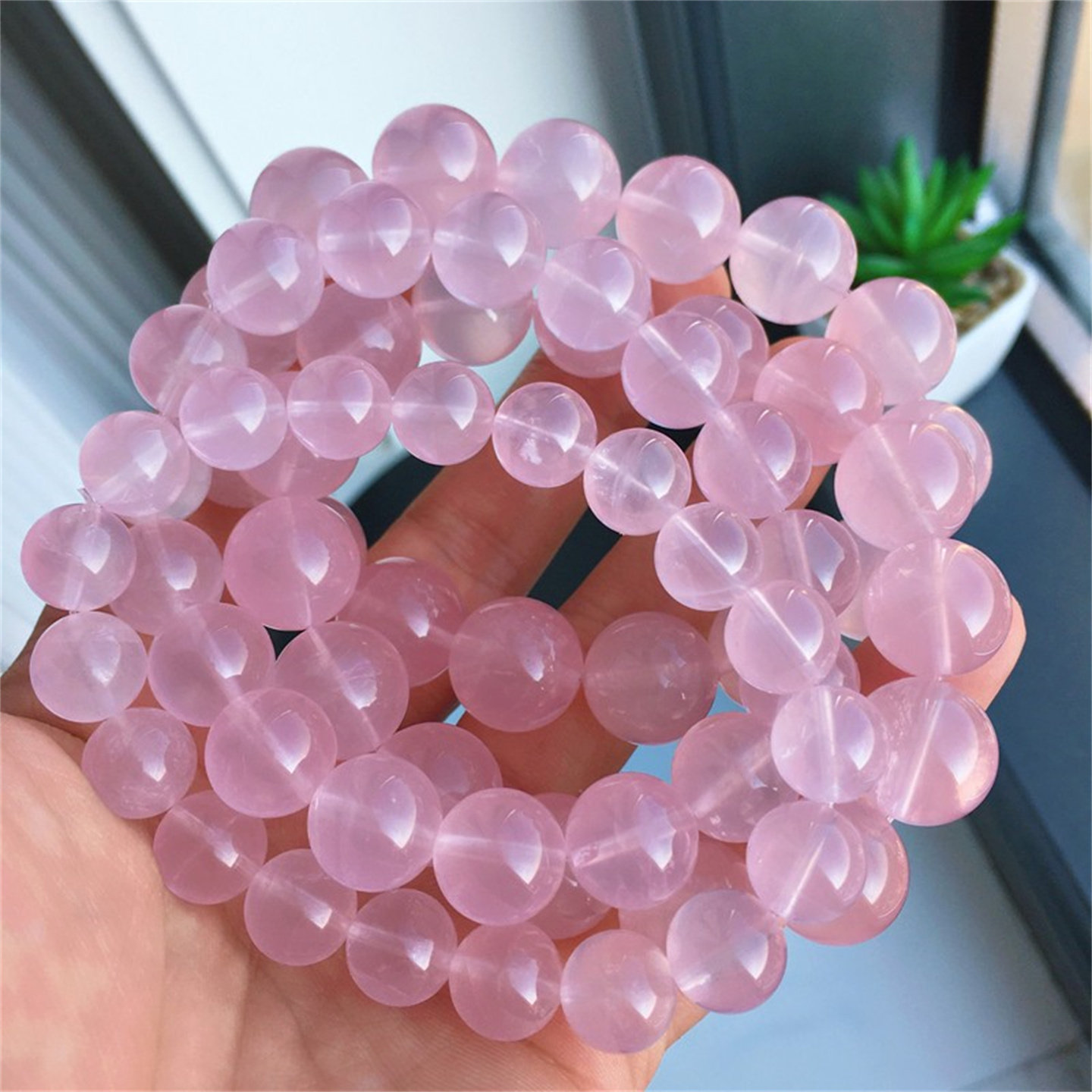 天然粉水晶手链冰种马粉芙蓉石粉水晶手串粉色水晶单圈大颗粒手链