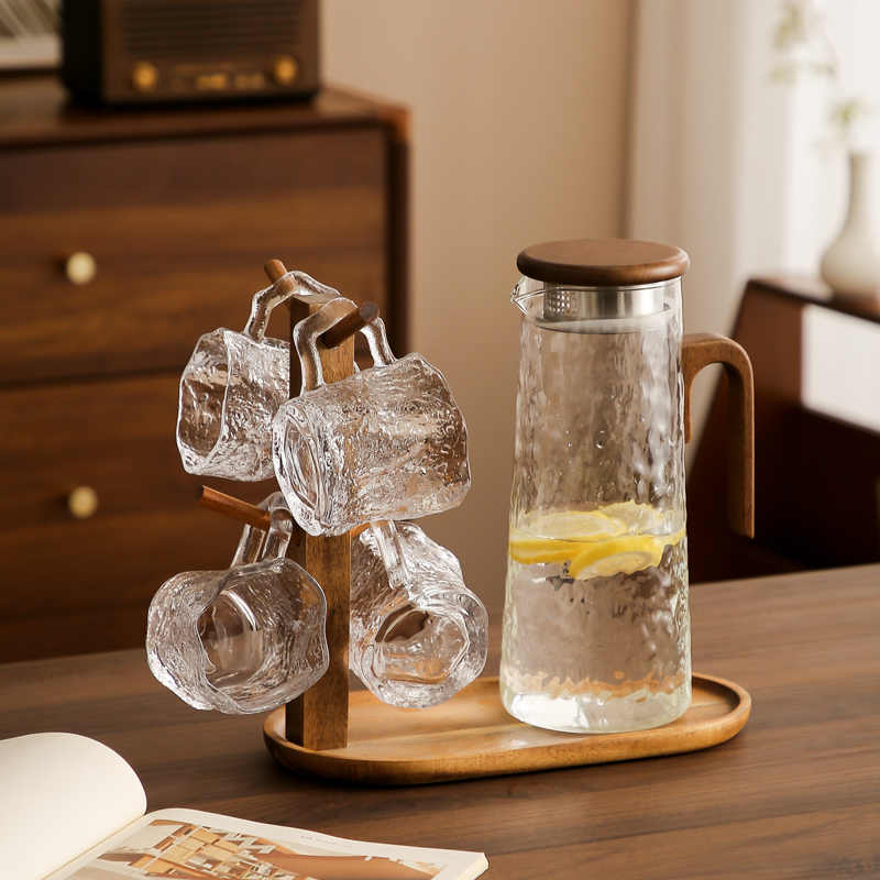 日式玻璃水具套装家用待客泡茶壶喝水杯复古耐热冷水壶凉水杯带架