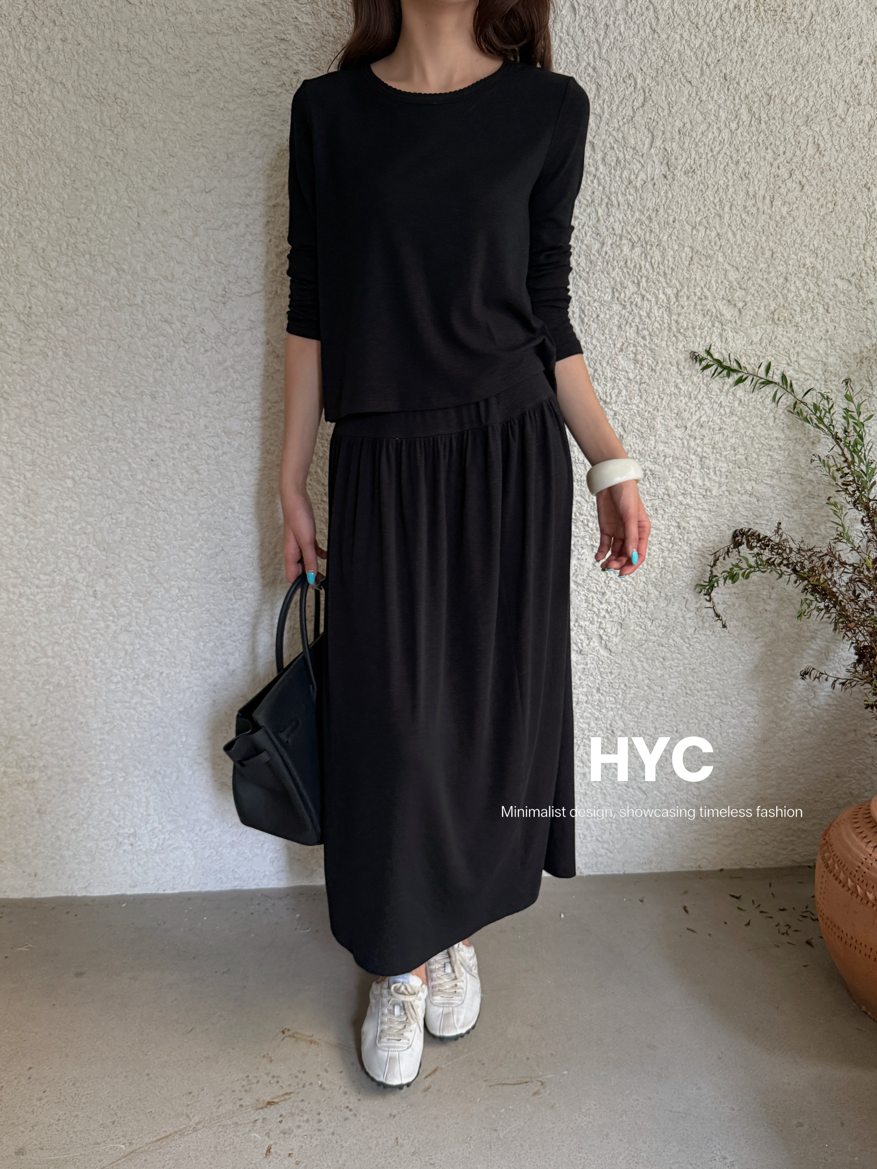 HYC韩版宽松休闲显瘦圆领长袖T恤女+半身裙套装2026秋冬新款20989
