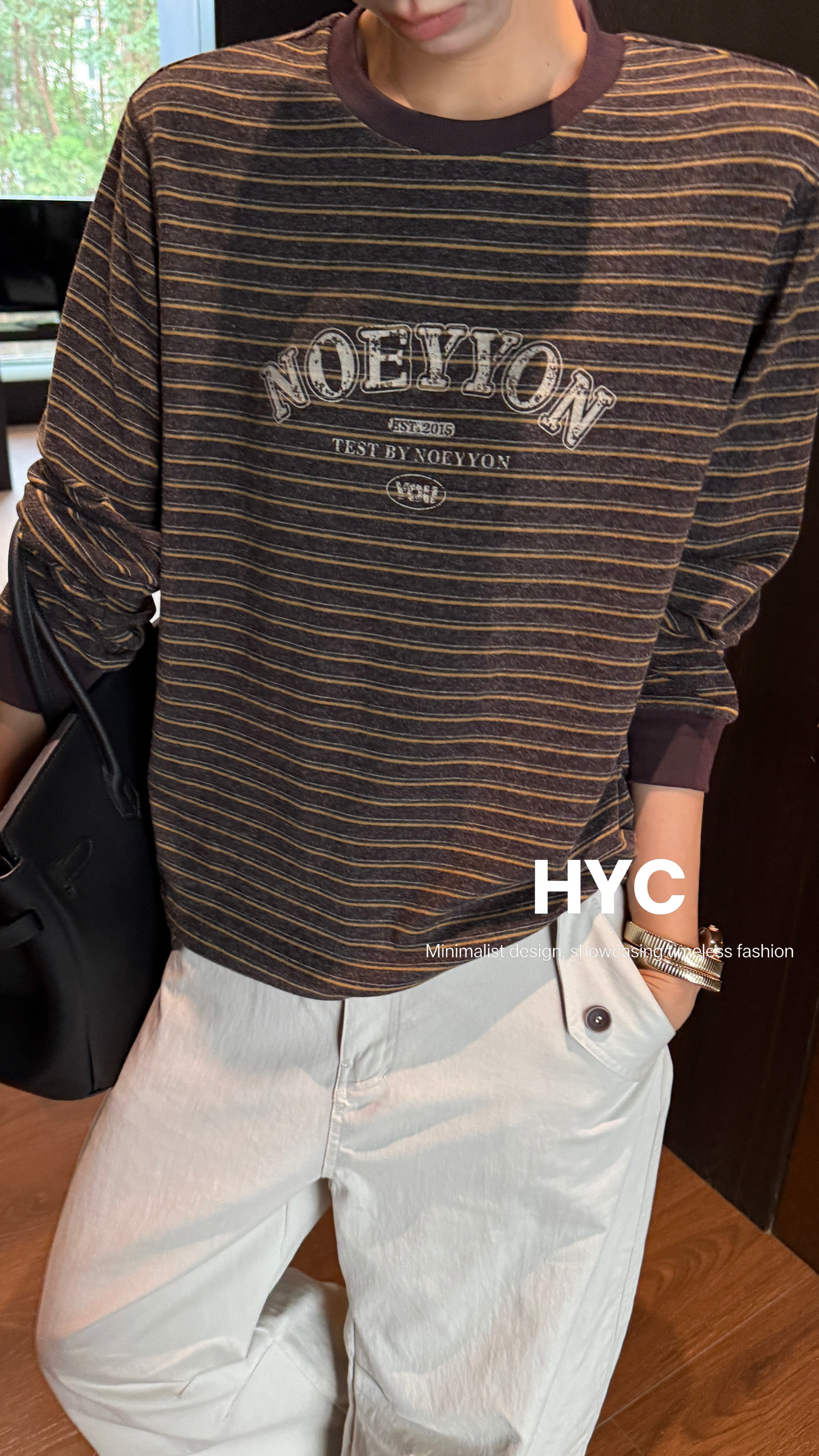 HYC韩版宽松休闲百搭长袖T恤女2026秋冬新款上衣女条纹21019