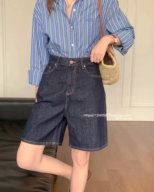 欧货不掉色深蓝牛仔短裤女2026夏季新款中裤高腰A字五分阔腿裤