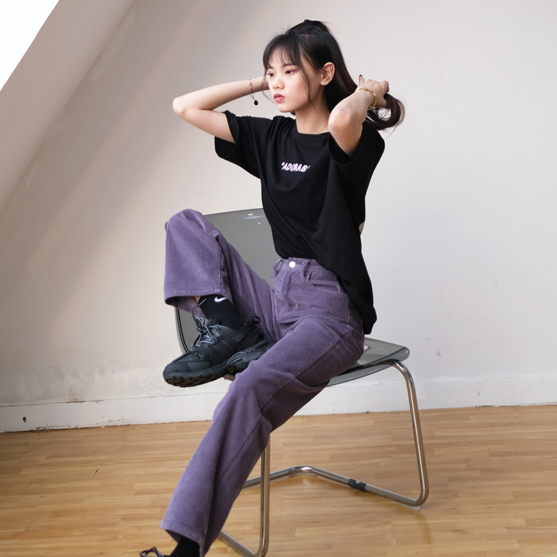 紫色卡其色灯芯绒裤子女2023秋季新款高腰直筒韩版阔腿显瘦老爹裤