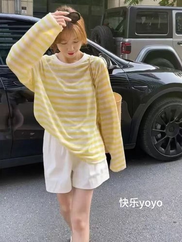 BOBO1972夏季新款条纹长袖T恤女宽松显瘦百搭休闲上衣打底衫
